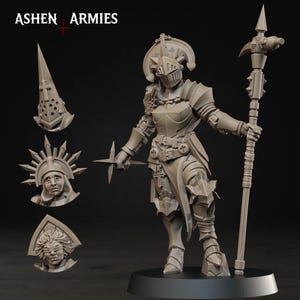 May include: A detailed, gray miniature figure of a knight in full armor, holding a staff and a bladed weapon. The figure is on a black base, with additional separate head and face pieces. The text "ASHEN ARMIES" is at the top.