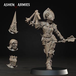 May include: A detailed, gray miniature figure of a female warrior in full armor, holding two spiked maces. The figure has a helmet and a cross on the chest. Additional helmet options are displayed. The text "ASHEN ARMIES" is at the top.