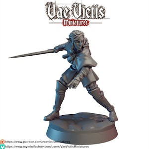 May include: A gray miniature figure of a warrior elf, poised in a dynamic stance with a sword. The figure is on a round base. The text "Vae Victis Miniatures" is at the top. The figure is wearing boots, gloves, and a tunic.