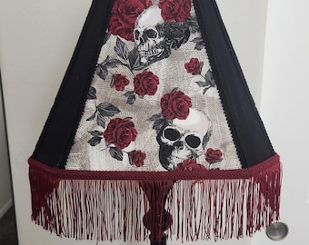 Gothic Skull & Red Rose Lampshade with Wine Fringe | Spooky Home Decor | Dark Romantic Lighting