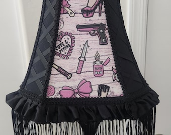 Gothic Lampshade | Pink Black Horror Decor, Corset Fringe Trim