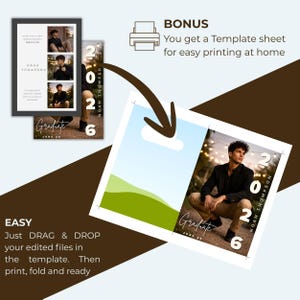May include: A graduation announcement template with a photo of a person in a black jacket and khaki pants. The template includes the graduate's name, "Noah Thompson", and the year "2026". The text "Graduate June 20" is also visible. The design is easy to use, with drag and drop functionality.