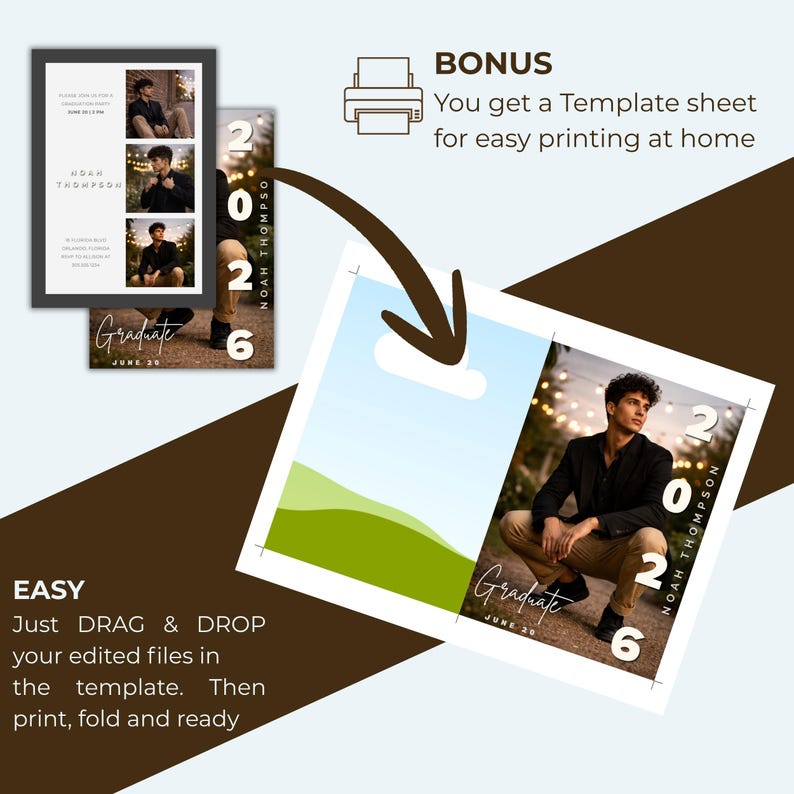 May include: A graduation announcement template with a photo of a person in a black jacket and khaki pants. The template includes the graduate's name, "Noah Thompson", and the year "2026". The text "Graduate June 20" is also visible. The design is easy to use, with drag and drop functionality.