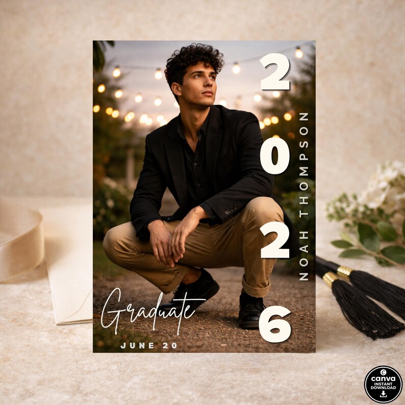 May include: Graduation announcement featuring a young man in a black blazer and khaki pants, with the text "Graduate" and "June 20". The year "2026" and the name "Noah Thompson" are also displayed. The background includes string lights.