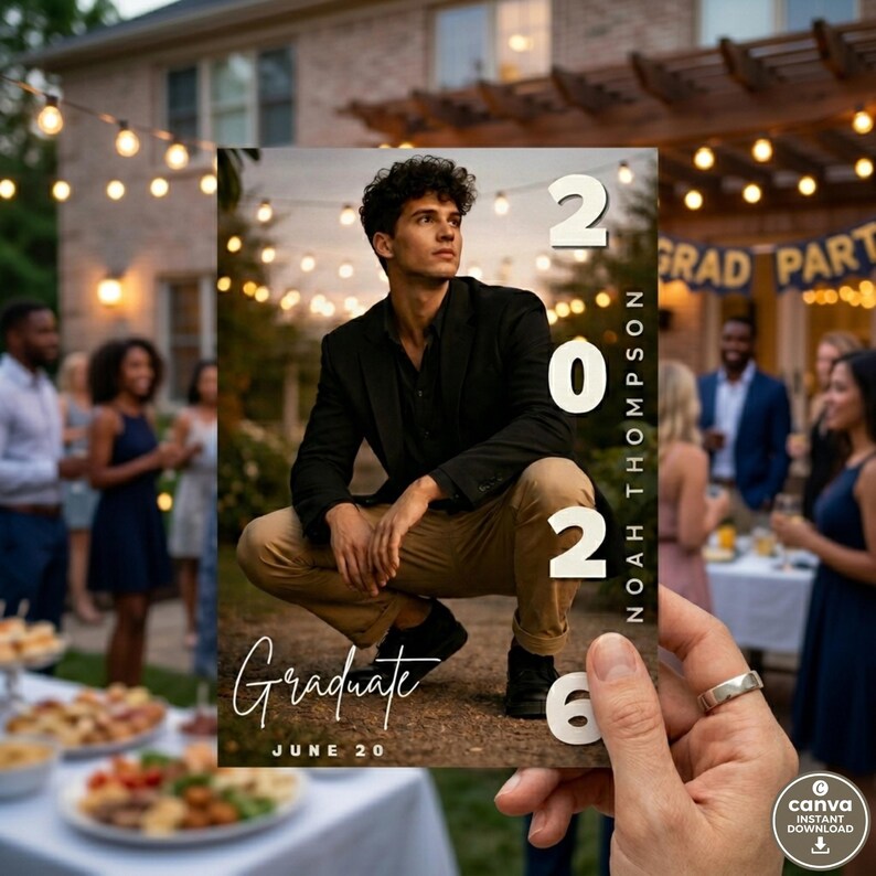 May include: A graduation announcement card held in a hand, featuring a young person in a black blazer and khaki pants. The card displays the year "2026", the name "Noah Thompson", and the word "Graduate" with the date "June 20".