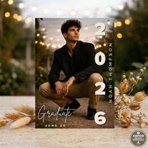 May include: A graduation announcement featuring a young person in a black blazer and khaki pants, with the text "Graduate" and "June 20". The year "2026" is prominently displayed, along with the name "Noah Thompson".