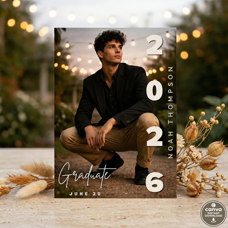 May include: A graduation announcement featuring a young person in a black blazer and khaki pants, with the text "Graduate" and "June 20". The year "2026" is prominently displayed, along with the name "Noah Thompson".