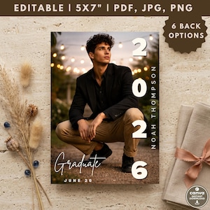 May include: A graduation announcement featuring a young person in a black blazer and khaki pants. The announcement includes the text "Graduate" and "June 20", along with the name "Noah Thompson" and the year "2026". The announcement is 5x7 inches.
