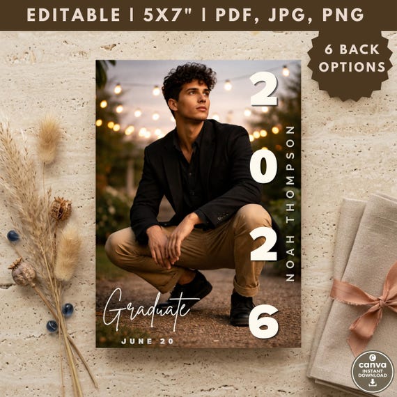 Graduation Invitation 2026 Men Modern Photo Grad Invite Editable in Canva Template, Class of 2026 Graduation Announcement Minimalist Digital