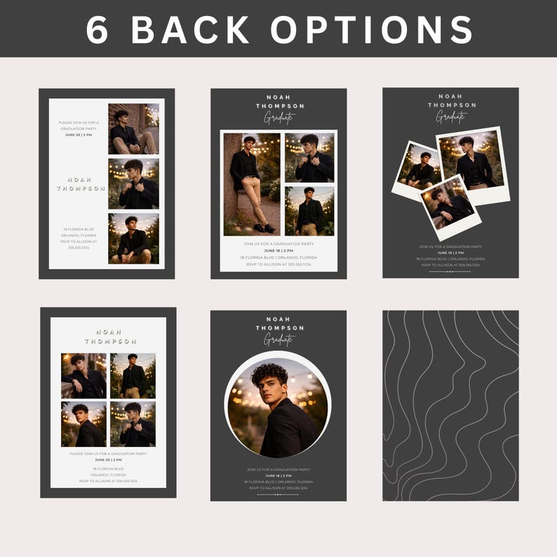 May include: Six graduation announcement designs are displayed. Each design features photos of a person, the name "Noah Thompson", and graduation details. The designs vary in layout, with options including photo collages and a minimalist style.