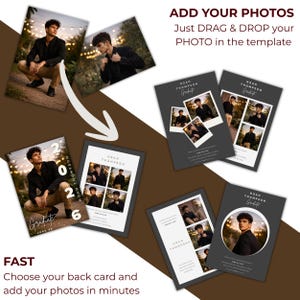 May include: A collection of graduation announcement templates featuring a young man in a black blazer. The templates include photos and text that reads "Noah Thompson Graduate" and "Graduate June 2026". The text "Add Your Photos" is also visible.