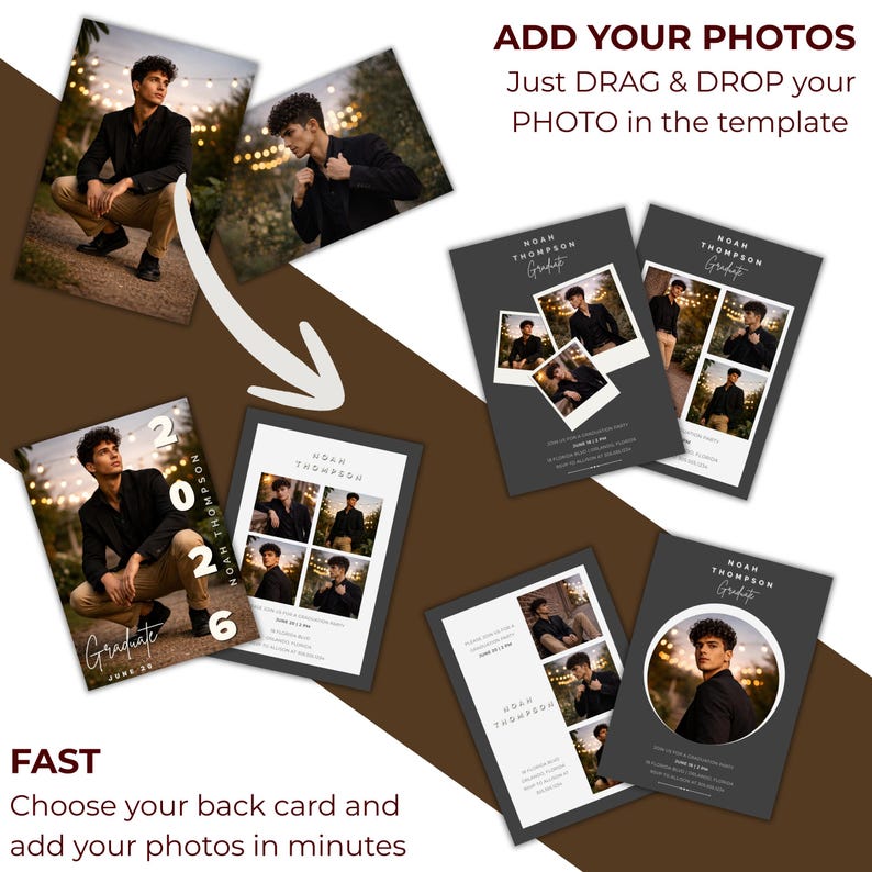 May include: A collection of graduation announcement templates featuring a young man in a black blazer. The templates include photos and text that reads "Noah Thompson Graduate" and "Graduate June 2026". The text "Add Your Photos" is also visible.