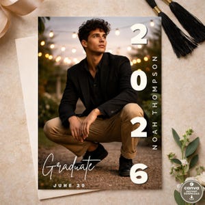 May include: Graduation announcement featuring a young man in a black blazer and khaki pants, with the year 2026 and the name Noah Thompson. The word "Graduate" is written in script, with "June 20" below.