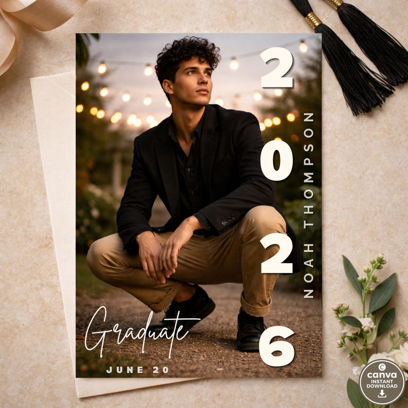 May include: Graduation announcement featuring a young man in a black blazer and khaki pants, with the year 2026 and the name Noah Thompson. The word "Graduate" is written in script, with "June 20" below.