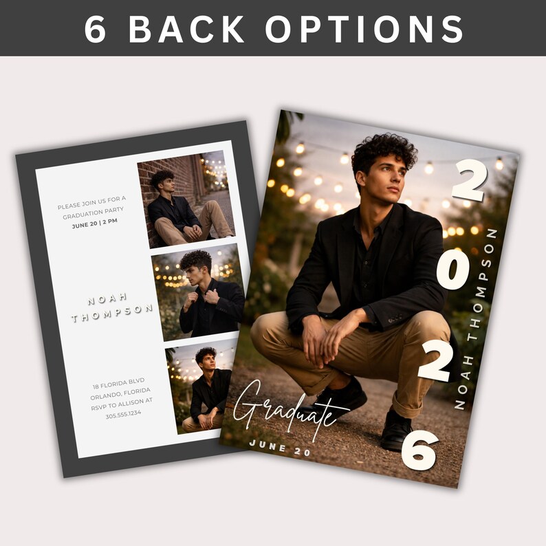 May include: Two graduation announcements. One features a photo collage and text: "Please join us for a graduation party June 20, 2 PM, Noah Thompson." The other says "Graduate June 20, 2026, Noah Thompson."