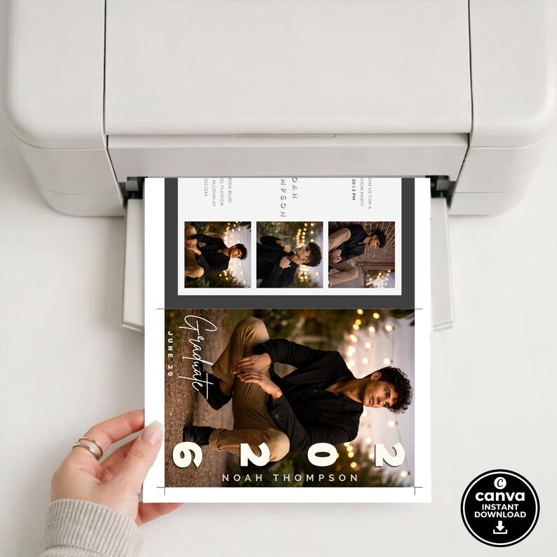 May include: A graduation announcement with a photo of a person in a black shirt and khaki pants. The announcement includes the text "Graduate", "June 20", and "2022 Noah Thompson". The Canva Instant Download logo is in the bottom right corner.