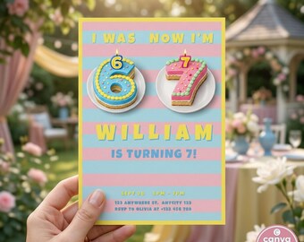 SIX SEVEN BIRTHDAY Einladungsvorlage, 2 Kuchen, Pastellfarben, bearbeitbare Canva, Sofortiger Download 6 7 Kids Digital Invite, I Was 6, Now I'm 7