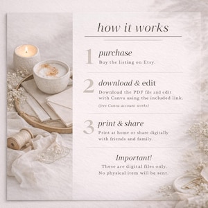 May include: A beige-toned image with text explaining how digital files work. The image includes a lit candle, a cup of coffee, and decorative elements. The text reads: purchase, download & edit, and print & share. Important: These are digital files only.