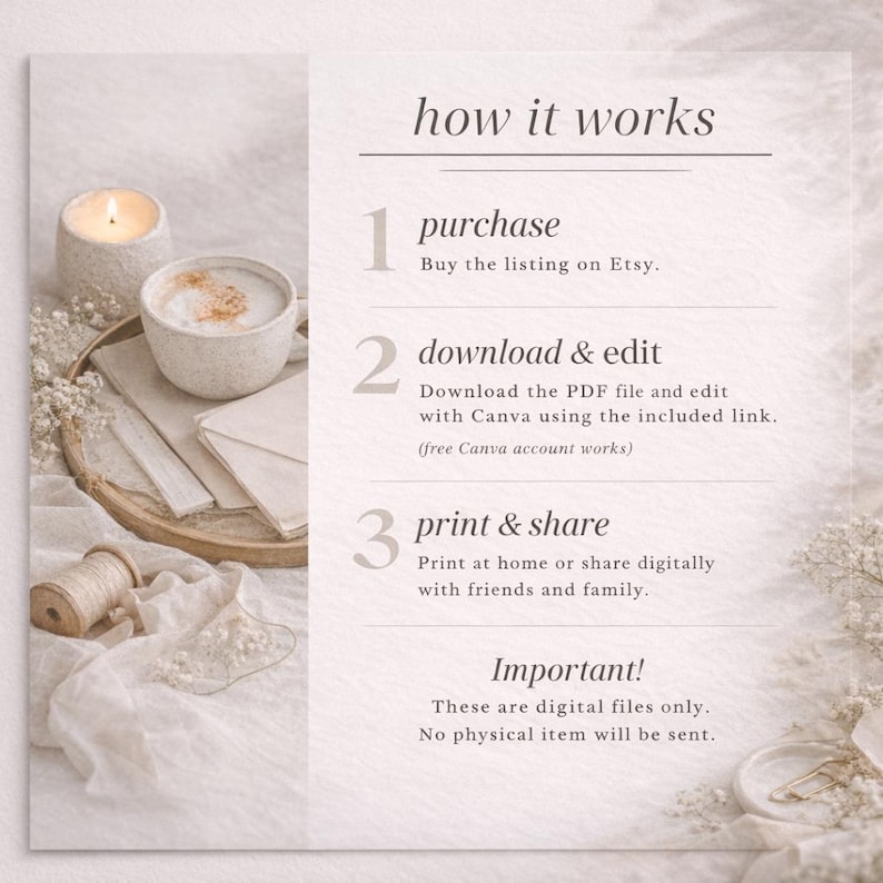 May include: A beige-toned image with text explaining how digital files work. The image includes a lit candle, a cup of coffee, and decorative elements. The text reads: purchase, download & edit, and print & share. Important: These are digital files only.