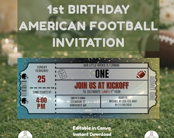 Football 1st Birthday Invitation Ticket – Editable Canva Template (Digital Download) One Down Party