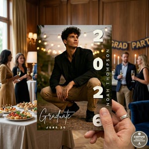 May include: A graduation announcement card held in a hand, featuring a young man in a black blazer and khaki pants. The card reads "Graduate June 20" and "2026" with the name "Noah Thompson". A party scene is in the background.