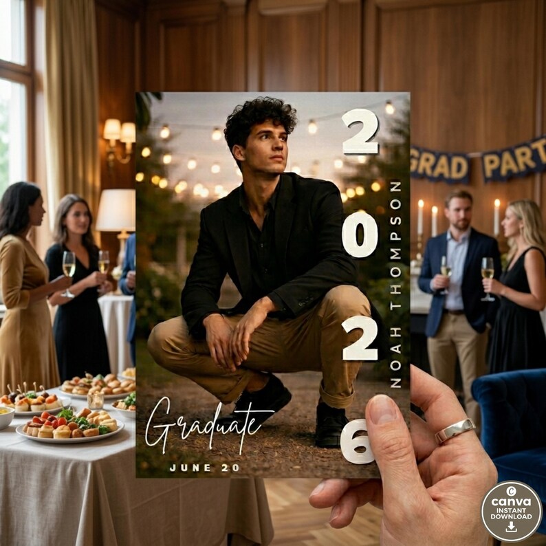 May include: A graduation announcement card held in a hand, featuring a young man in a black blazer and khaki pants. The card reads "Graduate June 20" and "2026" with the name "Noah Thompson". A party scene is in the background.