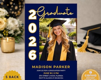 Graduation Party Invitation Template College University, Navy Blue Gold Grad Invite Photo Class of 2026 Editable Canva Instant Download