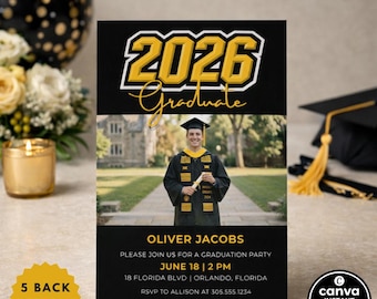 Graduation Party Invitation Template College University, Black Gold Grad Invite Photo Class 2026, 5 back options Editable Instant Download