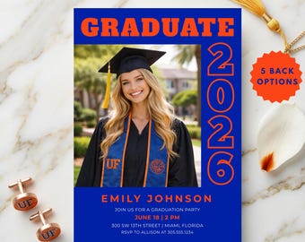 Graduation Party Invitation Template College University, Royal Blue, Orange Grad Invite Photo Class of 2026 Editable Canva Instant Download
