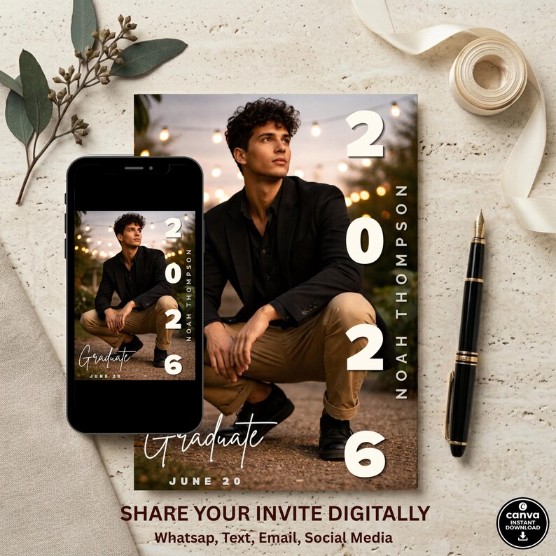 May include: A graduation announcement design featuring a young man in a black blazer and khaki pants. The design includes the year "2026" in large white numbers, the name "Noah Thompson", and the word "Graduate". A smartphone displays the same design.
