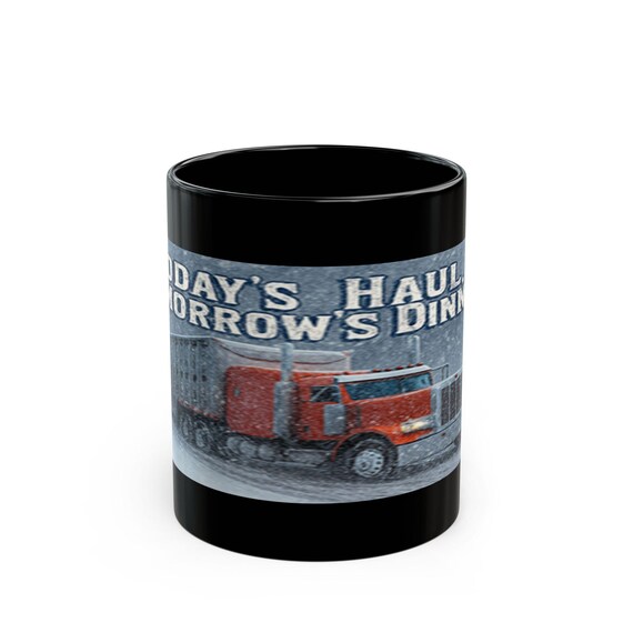 Red Semi Truck Illustration Mug | Black Ceramic Coffee Mug