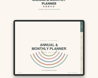 May include: A digital annual and monthly planner displayed on a tablet screen. The interface features the text ANNUAL & MONTHLY PLANNER, five colored semi-circles, and navigation tabs on the right side. It includes 17 pages and is hyperlinked.
