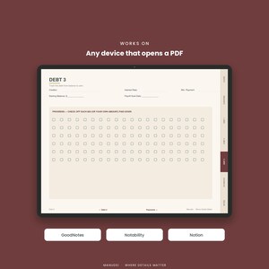 May include: A digital debt tracker template displayed on a tablet screen with a cream-colored background. The form includes fields for creditor, interest rate, minimum payment, starting balance, and payoff goal date, plus a grid of checkboxes.