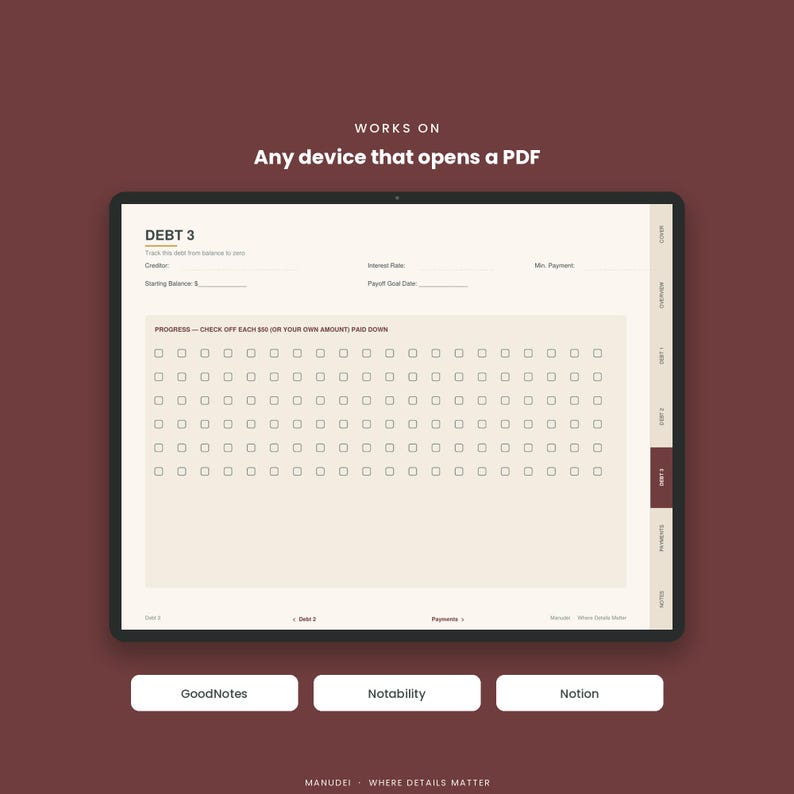 May include: A digital debt tracker template displayed on a tablet screen with a cream-colored background. The form includes fields for creditor, interest rate, minimum payment, starting balance, and payoff goal date, plus a grid of checkboxes.