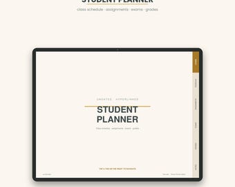 May include: A digital student planner displayed on a tablet screen with a cream background and dark text. The cover page features the title STUDENT PLANNER, with navigation tabs on the right side labeled cover, schedule, assignments, exams, grades, and notes.