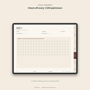 May include: A digital debt tracker template displayed on a screen. The page is titled DEBT 3 and includes fields for creditor, interest rate, minimum payment, starting balance, and payoff date, with a grid of checkboxes to track $50 increments.