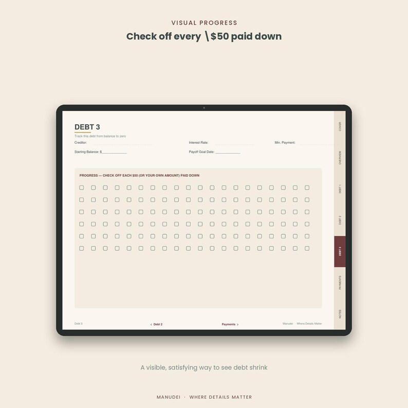 May include: A digital debt tracker template displayed on a screen. The page is titled DEBT 3 and includes fields for creditor, interest rate, minimum payment, starting balance, and payoff date, with a grid of checkboxes to track $50 increments.