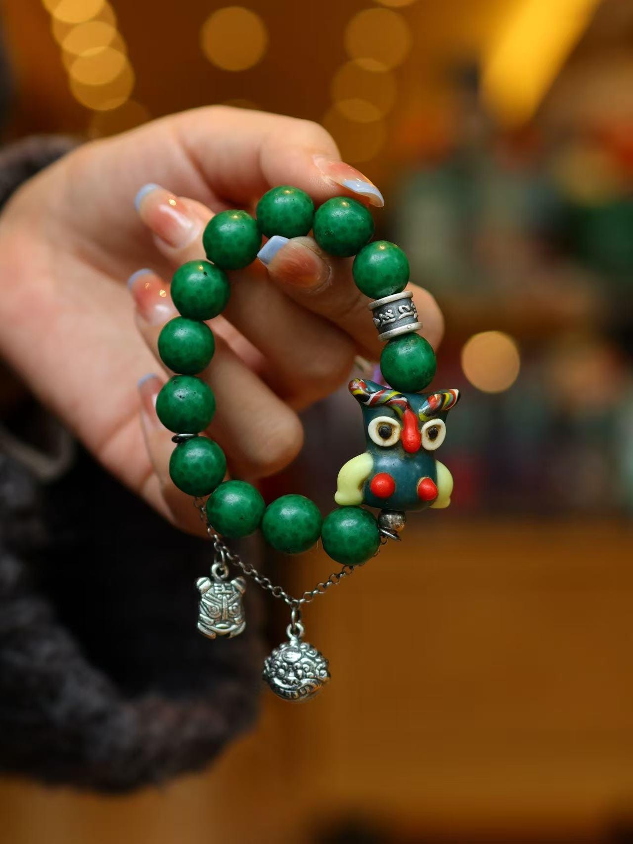 Nepal Old Glass Bead Bracelet &bull; Owl Protection Charm &bull; Silver Dangle Amulet &bull; One-of-