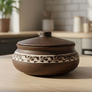 Peut inclure: Un bol en céramique marron avec un couvercle et une bande florale blanche décorative. Le bol est posé sur une surface en bois clair dans une cuisine. C'est un article de cuisine.