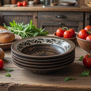 Könnte beinhalten: Rustikale Küchenszene mit einem Holztisch mit frischen Brotlaiben, reifen roten Tomaten und einem Stapel brauner Keramikschalen mit dekorativen Rändern. Grüne Kräuter sorgen für Farbtupfer.