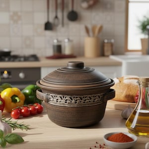 Op de afbeelding: Een bruine keramische kookpot met deksel, met een decoratieve band. Omringd door verse groenten, kruiden en een fles olie, wat wijst op een culinair thema.