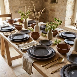 Puede incluir: Una mesa de comedor rústica está preparada para una comida. La mesa, de madera clara, está decorada con platos gris oscuro, cuencos marrones y cubiertos dorados. Servilletas de lino y pequeños jarrones con vegetación completan el ambiente.