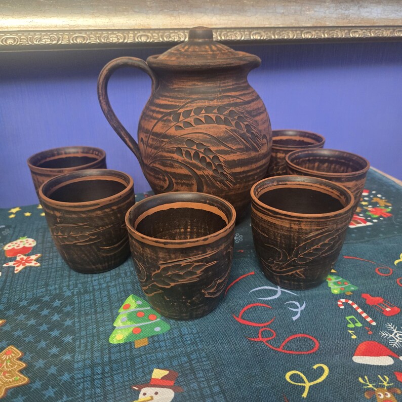 Ceramic Pitcher Set With Cups, Rustic Clay Drinkware, Earthenware Water ...