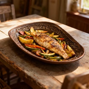 May include: A grilled fish fillet with vegetables, including courgette, carrots, and potatoes, served on a decorative brown platter. The dish is presented on a rustic wooden table, suggesting a home-cooked meal.