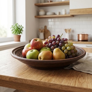 May include: A wooden fruit bowl filled with a variety of fresh fruit, including red apples, green apples, pears, and green and purple grapes. The bowl sits on a wooden countertop in a kitchen setting.