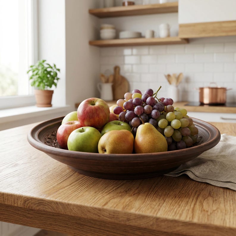 May include: A wooden fruit bowl filled with a variety of fresh fruit, including red apples, green apples, pears, and green and purple grapes. The bowl sits on a wooden countertop in a kitchen setting.
