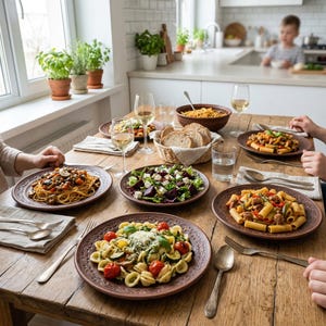 Peut inclure: Une table en bois dressée pour un repas avec des plats de pâtes, de la salade, du pain et des verres à vin. Les assiettes sont marron avec un bord décoratif. Un enfant est visible à l'arrière-plan près d'une fenêtre avec des plantes en pot.