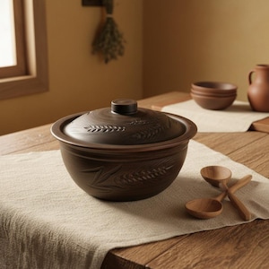 May include: A brown ceramic cooking pot with a lid, featuring wheat stalk designs. The pot sits on a wooden table with two wooden spoons. Other ceramic bowls and a pitcher are in the background.