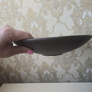 May include: A dark brown, shallow ceramic bowl with a slightly curved rim. The bowl is held in a hand, showcasing its smooth, matte finish. The background features a patterned wallpaper.
