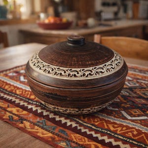 Handgjord lergryta med lock, rustik köksform, 3L